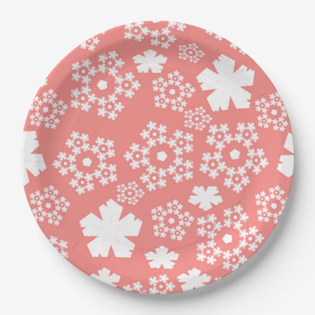 Pink & White Star & Snowflake Pattern Paper Plate (Front)