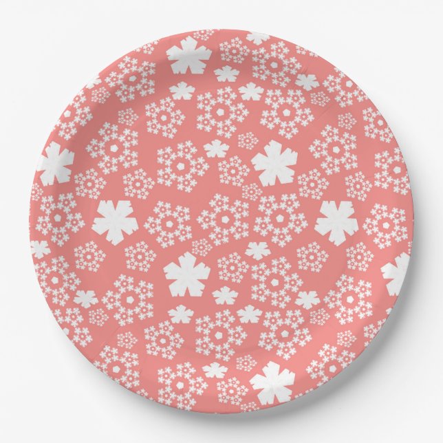 Pink & White Star & Snowflake Pattern Paper Plate (Front)