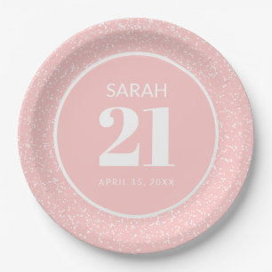 Pink White Stardust Glitter 21st Birthday Party Paper Plate