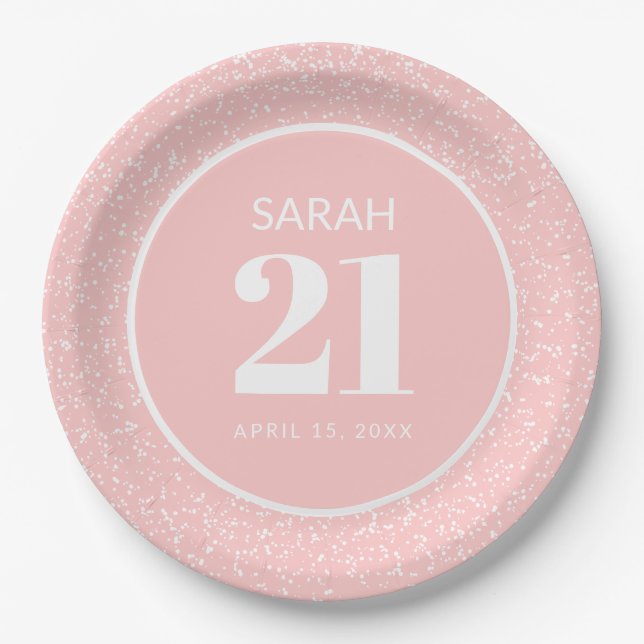 Pink White Stardust Glitter 21st Birthday Party Paper Plate (Front)