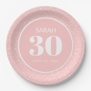 Pink White Stardust Glitter 30th Birthday Party Paper Plate