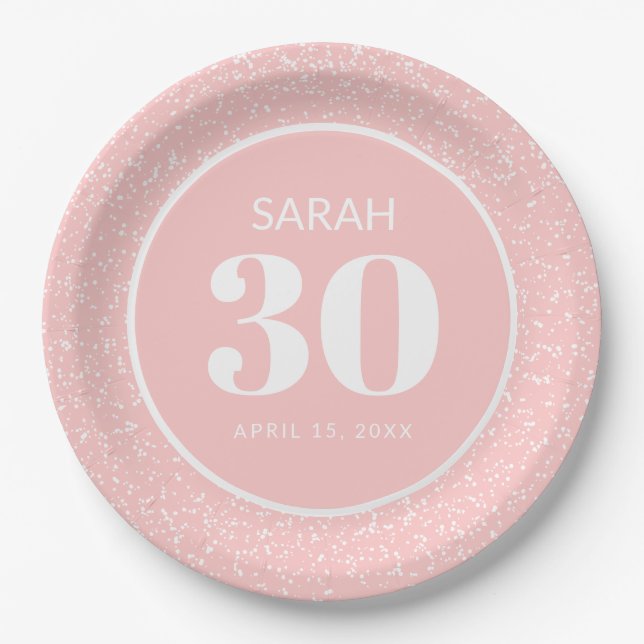 Pink White Stardust Glitter 30th Birthday Party Paper Plate (Front)