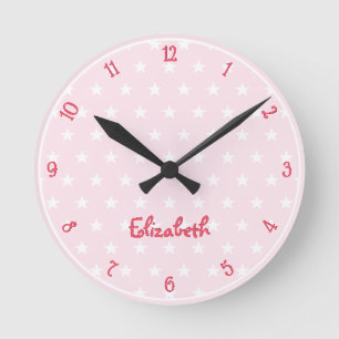 Pink White Stars Custom Name Girls Room Nursery Round Clock