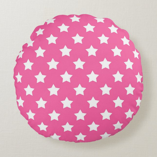 Pink White Stars Pattern Decorative Round Cushion (Front)