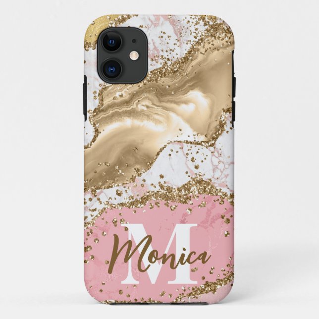Pink & White Stone and Gold Glitter Agate Monogram Case-Mate iPhone Case (Back)