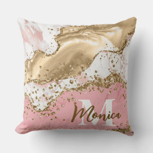 Pink & White Stone and Gold Glitter Agate Monogram Cushion