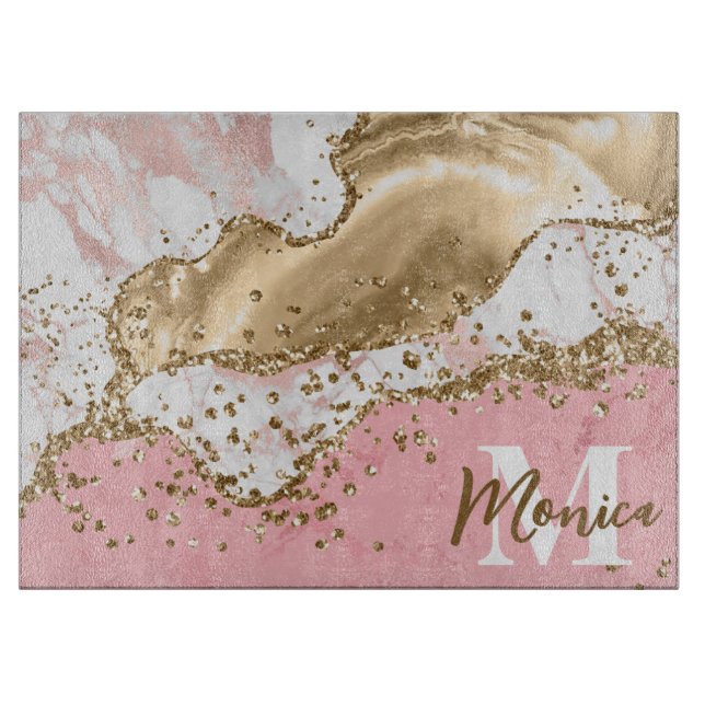 Pink & White Stone and Gold Glitter Agate Monogram Cutting Board (Front)