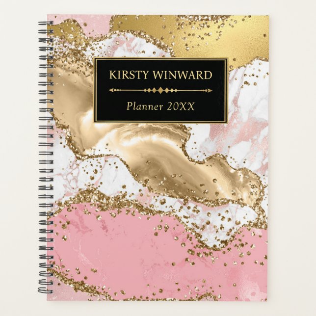 Pink & White Stone and Gold Glitter Agate Monogram Planner (Front)