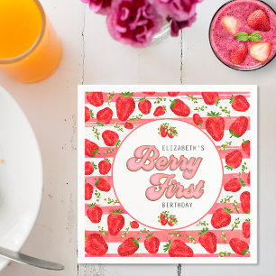 Pink White Strawberry 1st Birthday Berry First Napkin