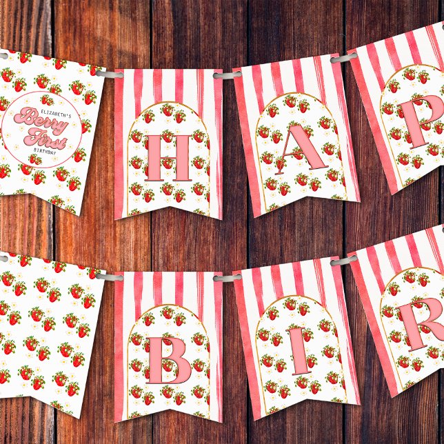 Pink White Strawberry Berry First Happy Birthday Bunting (Creator Uploaded)