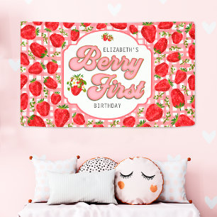Pink White Strawberry Pattern Berry First Birthday Banner