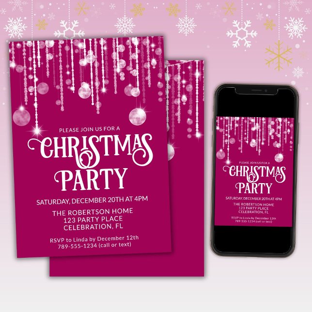 Pink White String Lights Christmas Holiday Party  Invitation (Creator Uploaded)