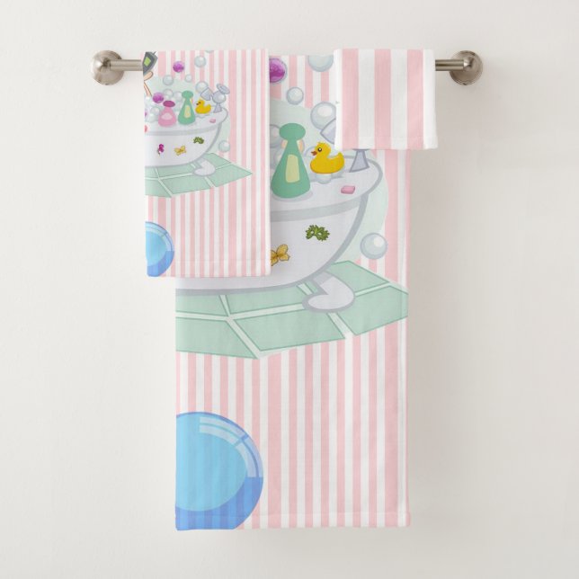 Pink & White Stripe Bathroom Towel Sets (Insitu)