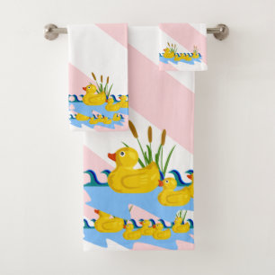 Pink & White Stripe Bathroom Towel Sets Ducks