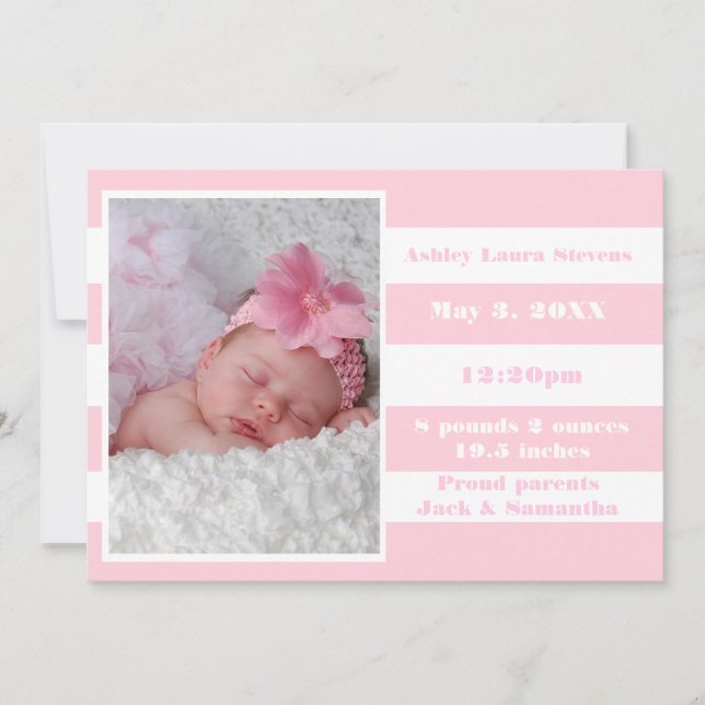 Pink & White Stripe - Birth Announcement (Front)