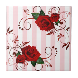 Pink & White Stripe Ceramic Tile Floral Red Rose