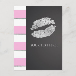 Pink & White Stripe Faux Silver Shimmer Lips Event Postcard