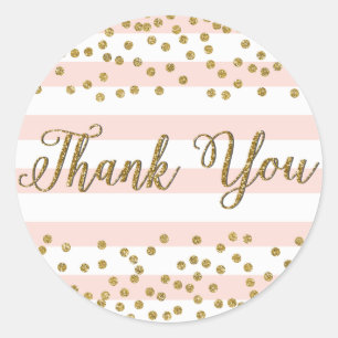 Pink White Stripe Gold Confetti Party Thank You Classic Round Sticker