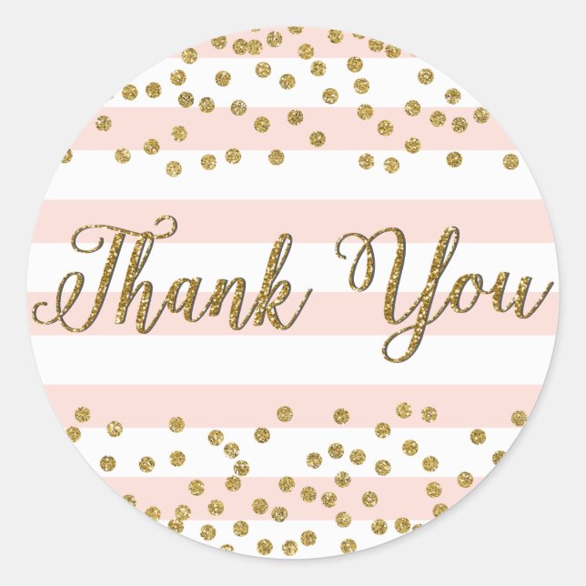 Pink White Stripe Gold Confetti Party Thank You Classic Round Sticker (Front)