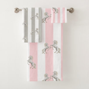 Pink & White Stripe Horse  Bathroom Towel Sets