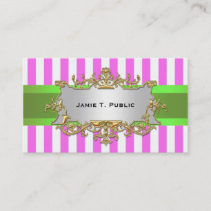 Pink White Stripe, Lime Ribbon, Gold Framed Label Business Card