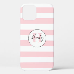 Pink & white stripe monogram iPhone case