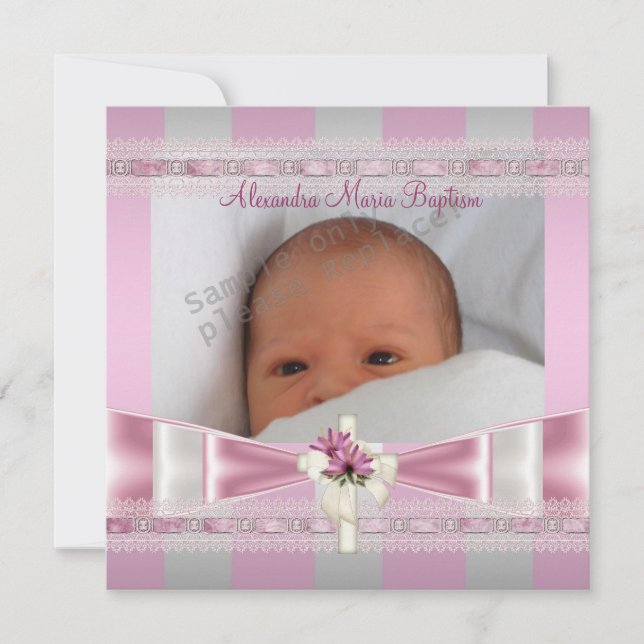 Pink White Stripe Photo Cross Baptism Christening Invitation (Front)