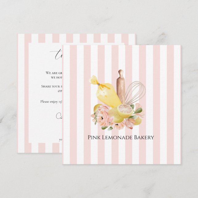 Pink White Striped Bakery Thank You Card (Front/Back)