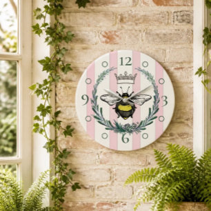 Pink & White Striped Crown Bee Acrylic Wall Clock