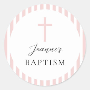 Pink White Striped Girl Baptism Classic Round Sticker