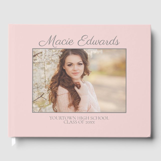 Pink White Striped Graduation Senior Photo Guest Book (Front)