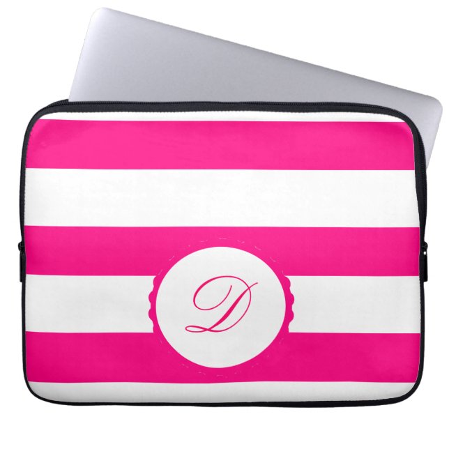 Pink White striped personalized Monogram Laptop Sleeve (Front)