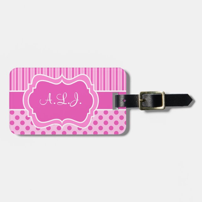 Pink, White Striped Polka Dots Luggage Tag (Front Horizontal)