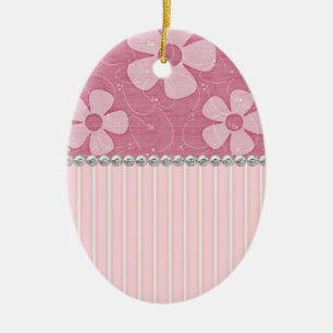 Pink White Stripes and Flowers Ceramic Egg Shape Tree Decoration