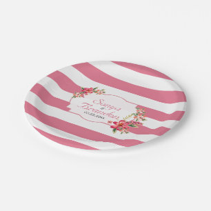 Pink White Stripes And Flowers Paper Plate