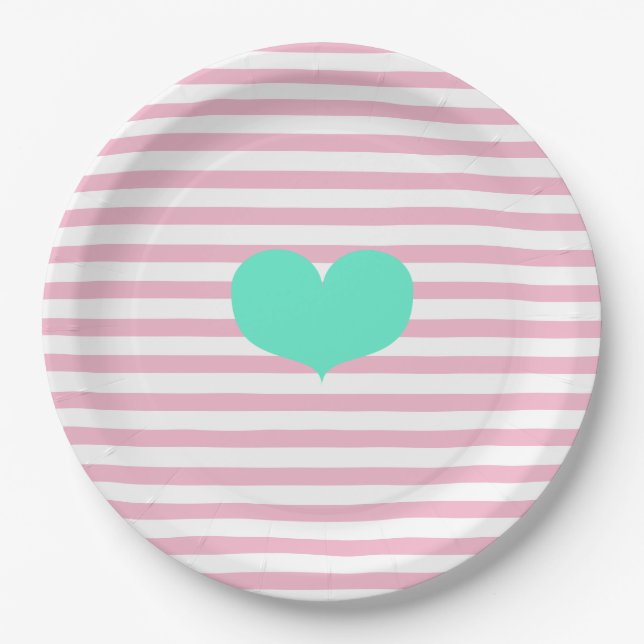Pink & white stripes and teal heart - Paper Plates (Front)