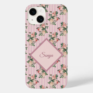 Pink White Stripes and Trailing Roses Monogrammed Case-Mate iPhone 14 Case