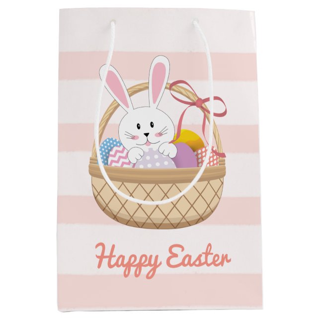 Pink & White Stripes Easter Bunny In Basket Kid's Medium Gift Bag (Front)