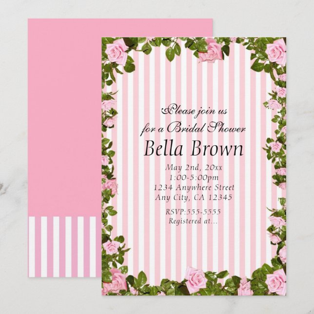 Pink & White Stripes Elegant Rose Chic Invitations (Front/Back)