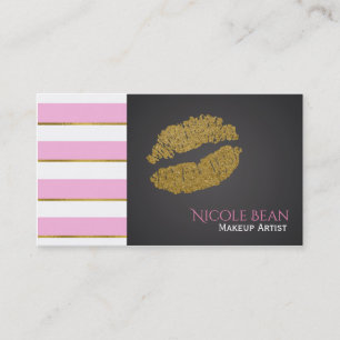 Pink White Stripes Faux Gold Shine Lips Chic Business Card