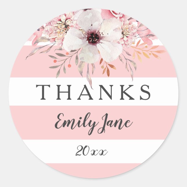Pink White Stripes Floral Baby Shower Stickers (Front)
