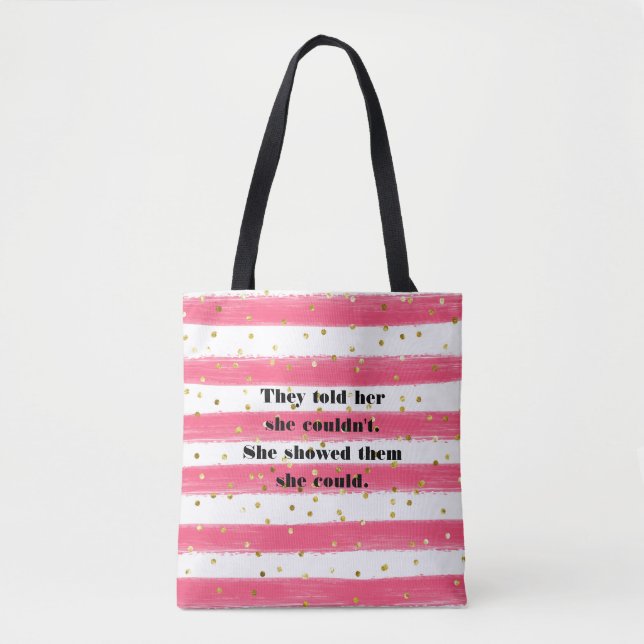 Pink, White, Stripes, Gold Confetti Tote Bag (Front)