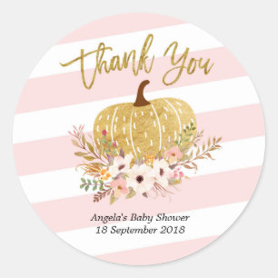 Pink White Stripes Gold Pumpkin Thank You Sticker