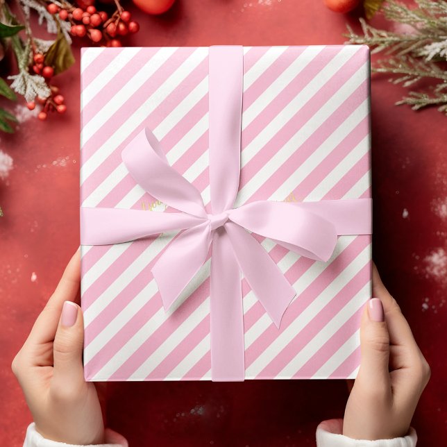 Pink White Stripes Gold Text Birthday Christmas Wrapping Paper (Pink White Stripes Gold Text Birthday Christmas Wrapping Paper)