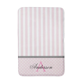 Pink & White Stripes Monogram  Bath Mat