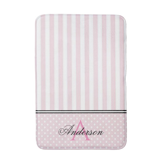 Pink & White Stripes Monogram  Bath Mat (Front Vertical)