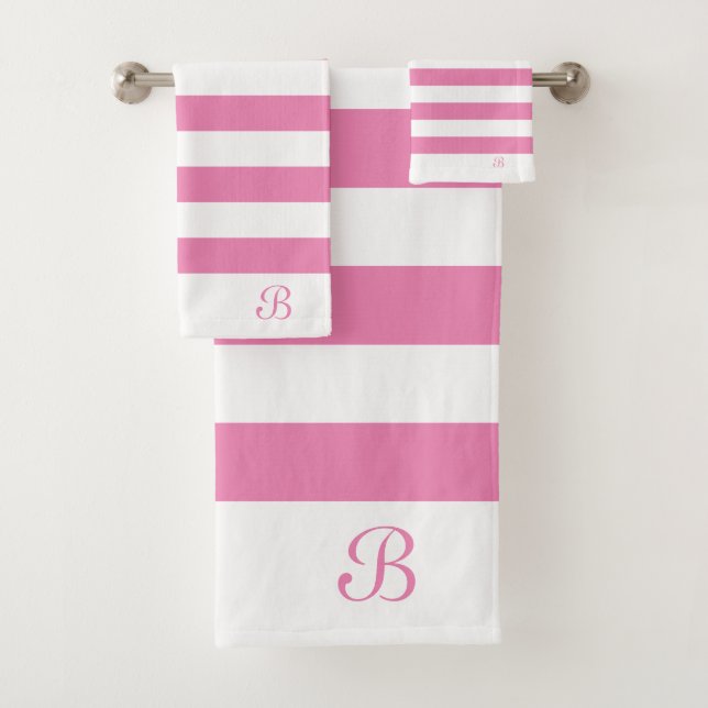 Pink & White Stripes Monogram Bath Towel Set (Insitu)