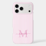 Pink & White Stripes Monogram Initial<br><div class="desc">Protect your phone in style with this elegant personalized phone case, designed for a chic and feminine look. Featuring a soft pink and white striped background, the back of the case showcases your monogram initial and name in a fancy script font, creating a timeless and sophisticated design. Perfect for everyday...</div>