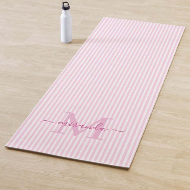 Pink & White Stripes Monogram Name Yoga Mat (In Situ)