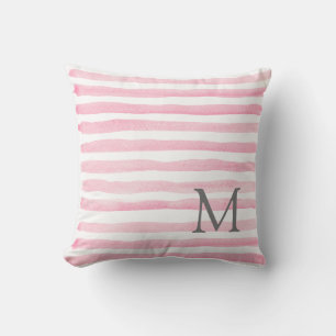 Pink & White Stripes  Monogram Throw Pillow